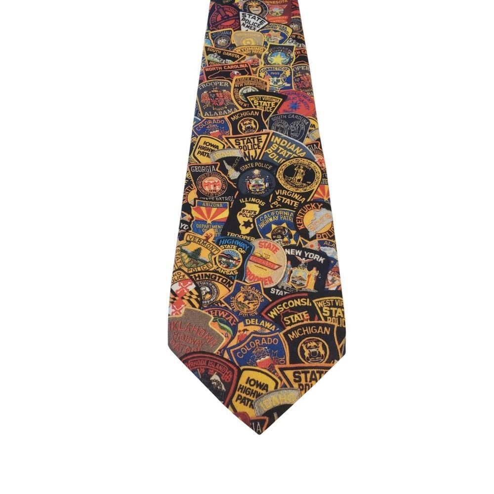 Vintage Ralph Marlin 'State Police Patches' Neck Tie Mens Polyester Made in USA